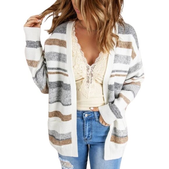 Colorblock Gray Cozy Open Front Cardigan with Front Pockets Small/Medium - Picture 3 of 14